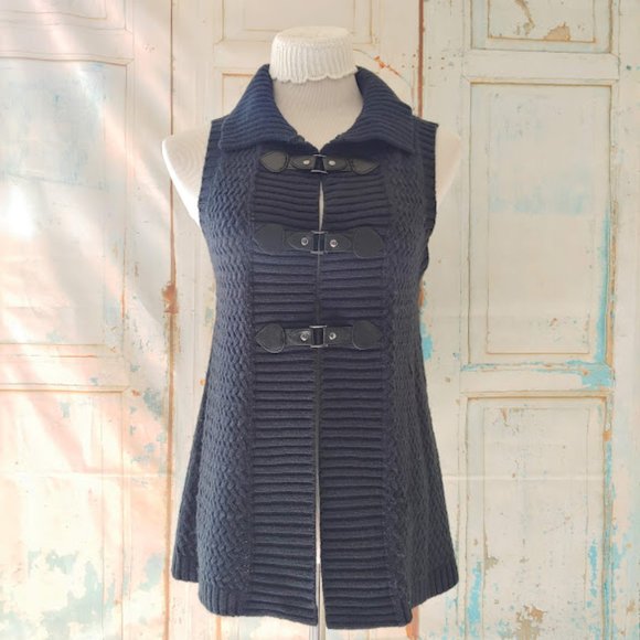 Style & Co petite cable knit cardigan button sleeveless sweater/sizePM/navy blue - Picture 1 of 8